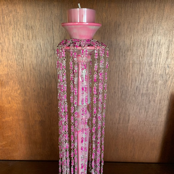 Wedding Candle Stick Holder Bohemian Style With Pink Glass Beads - Picture 9 of 10